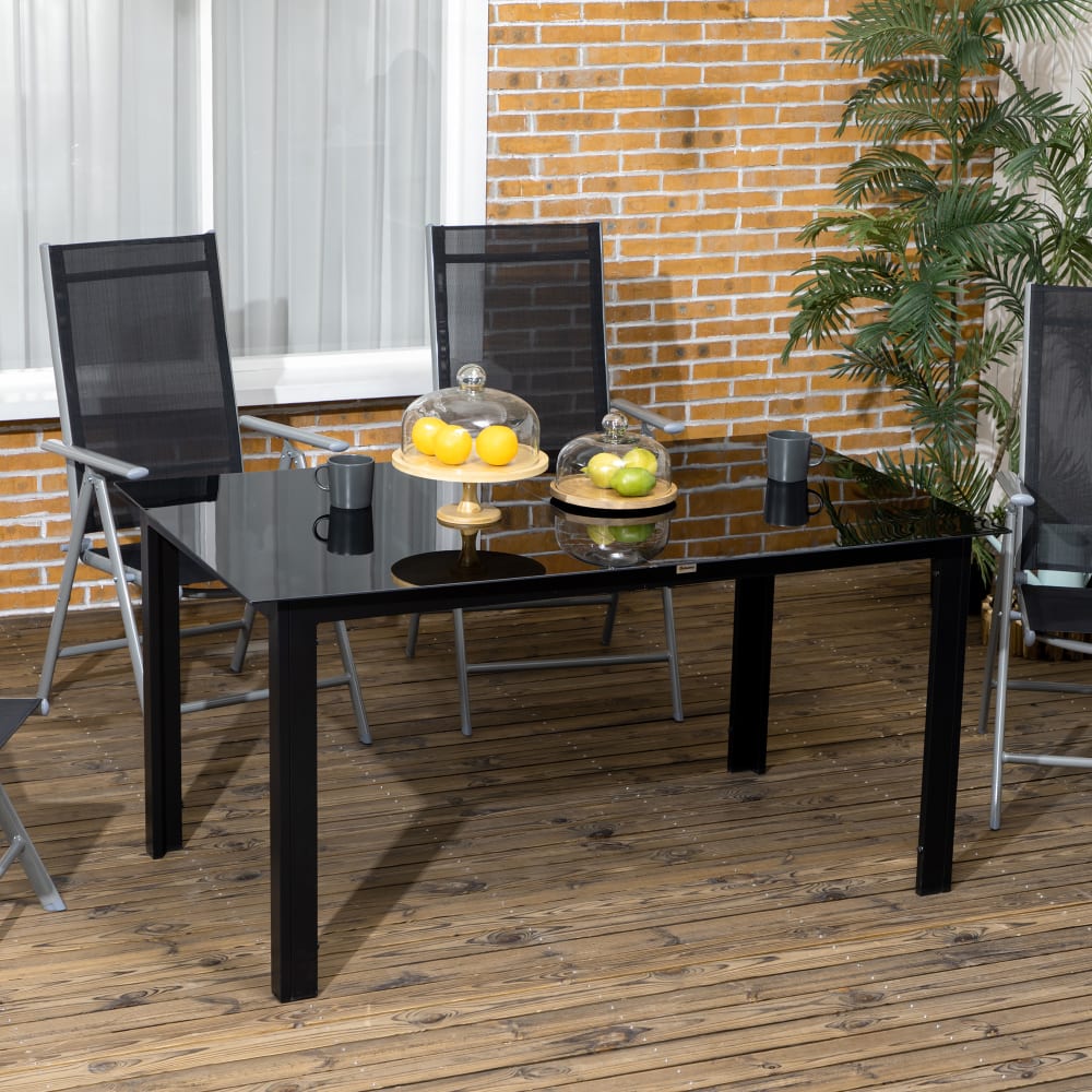 Table de jardin 6 personnes 150 cm aluminium verre trempé noir