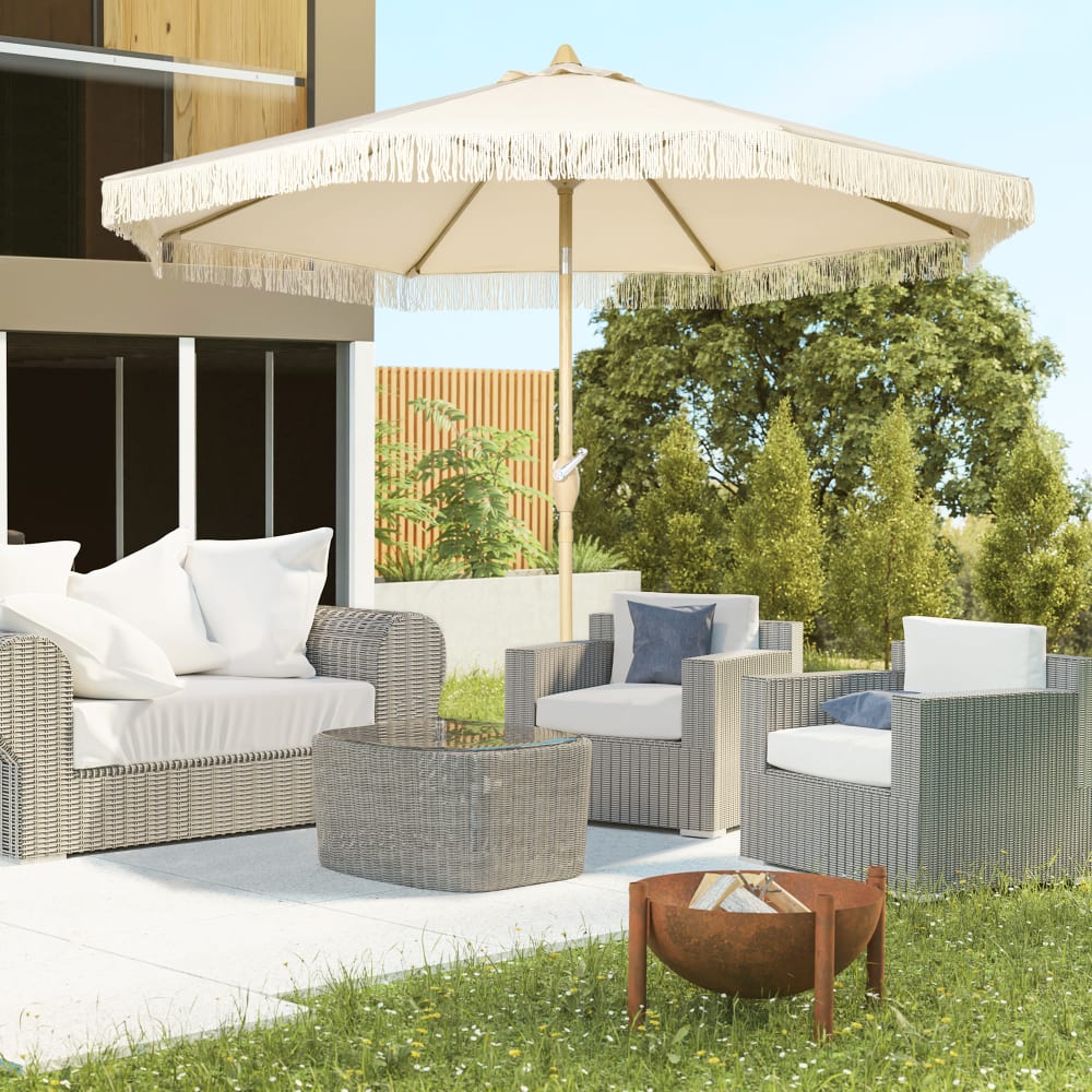 Parasol octogonal inclinable Ø 2,65 m métal aspect bois toile beige