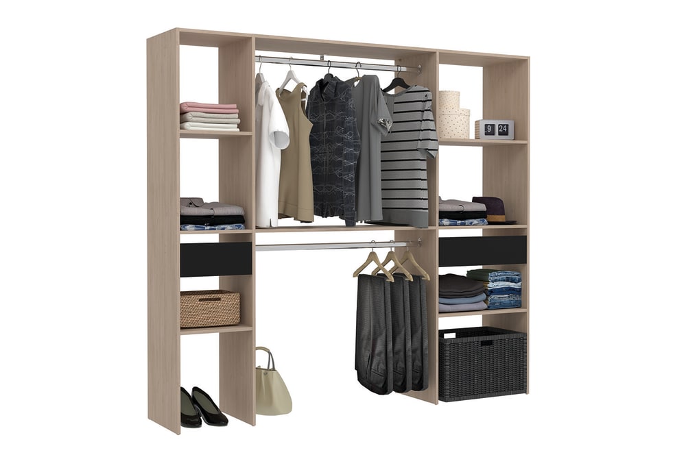 Dressing bois avec 2 penderies, 6 étagères et 2 tiroirs