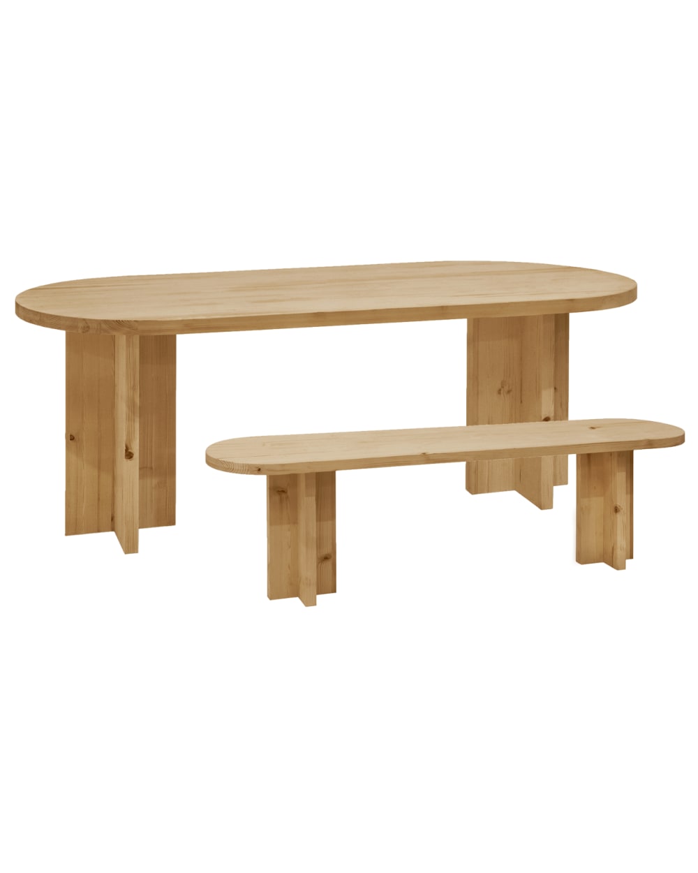 Pack mesa comedor ovalada y banco de madera maciza tono medio 180x75cm