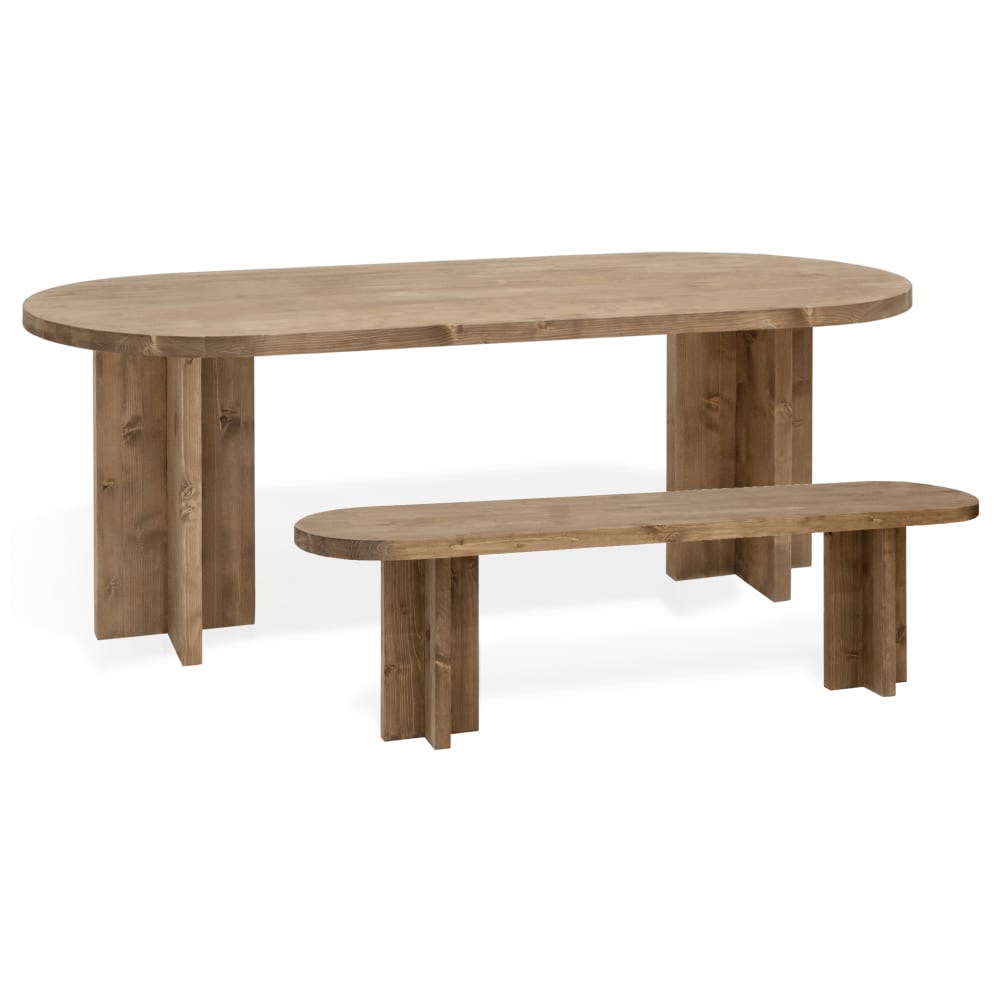 Ensemble table à manger ovale - banc en bois de sapin vieilli 160x75cm