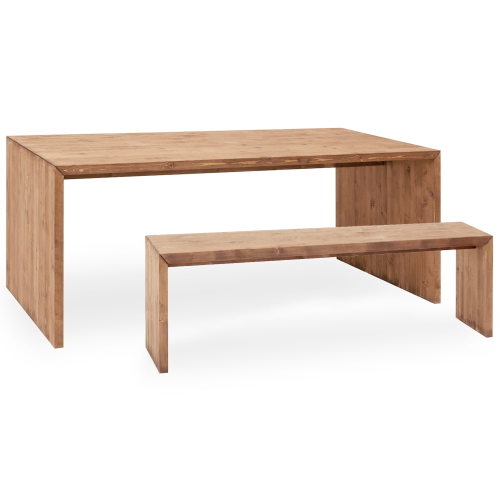 Ensemble table à manger et banc en bois de sapin vieilli 160x75cm