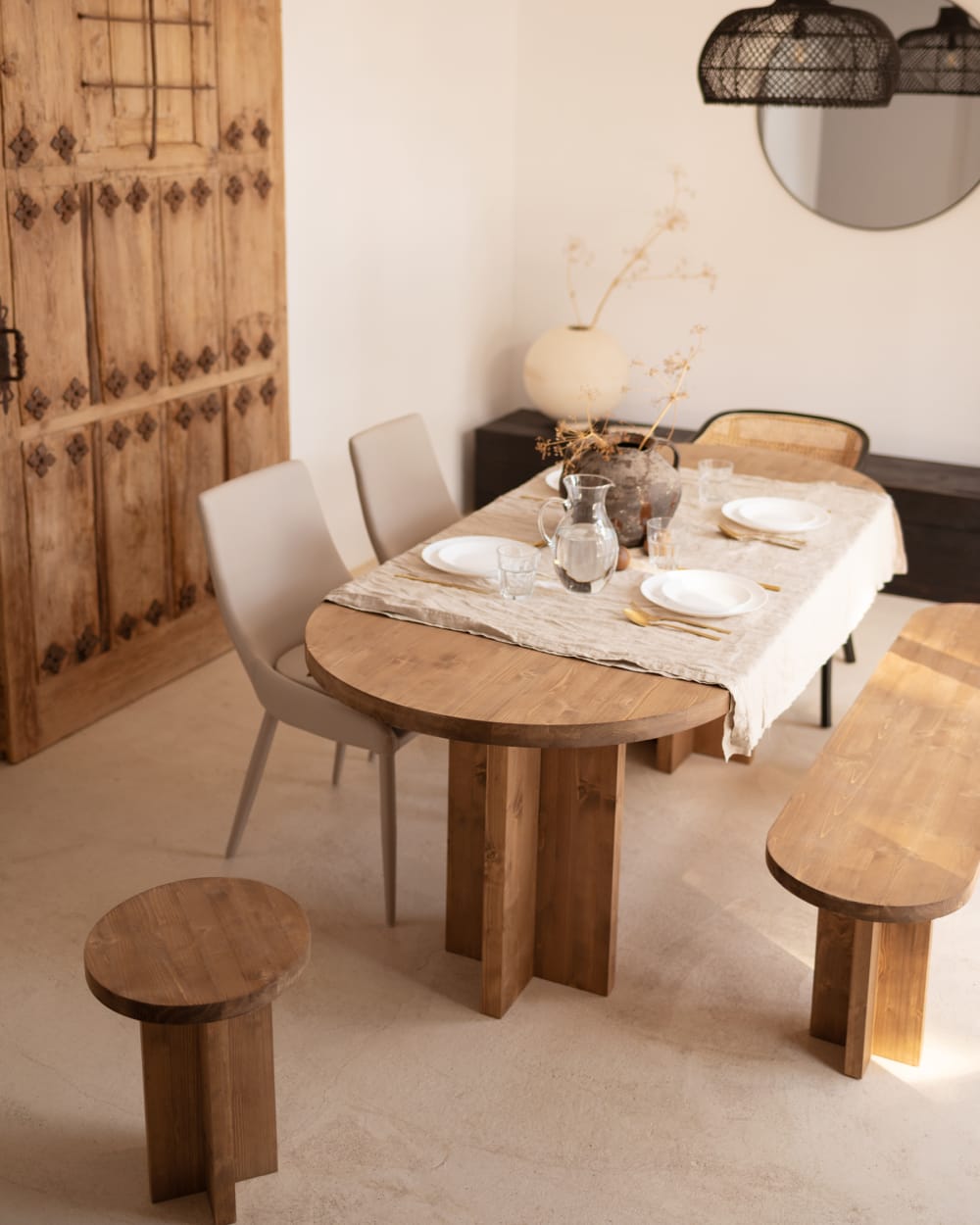 Pack mesa comedor ovalada y banco de madera maciza envejecido 200x75cm - Maisons du Monde