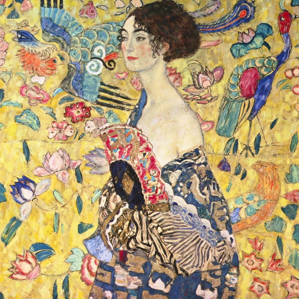 Tableau d'art de Klimt la dame à l'éventail imprimé sur toile 50x50 cm
