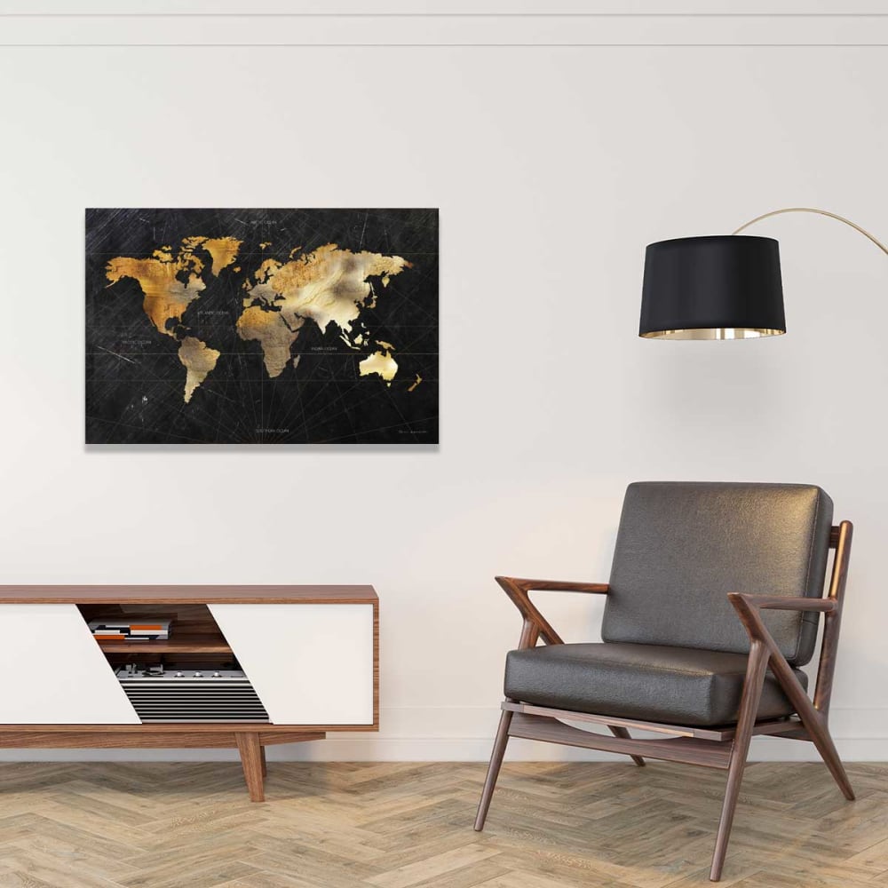 Tableau carte du monde dorée imprimé sur toile 90x60 cm