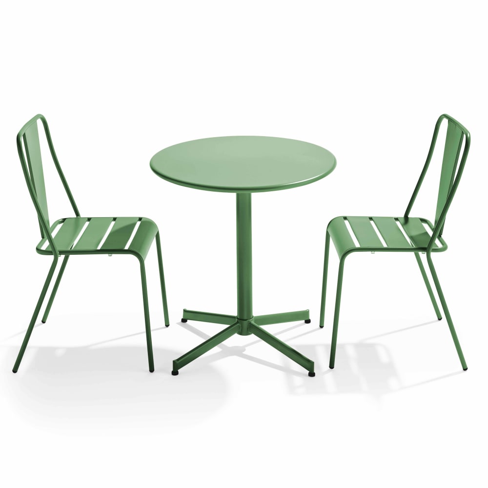Ensemble table ronde et 2 chaises de jardin en métal vert cactus