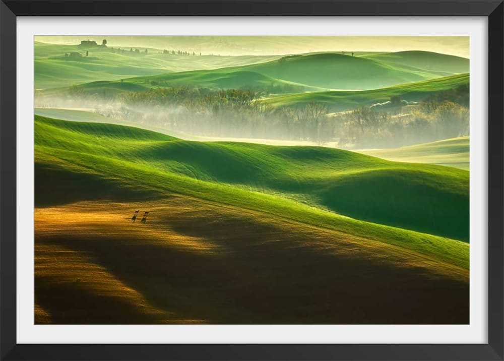 Póster naturaleza colinas neblinosas con marco negro 60x40cm
