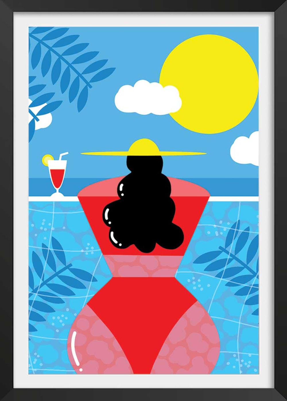 Póster mujer junto a la piscina con marco negro 40x60 cm