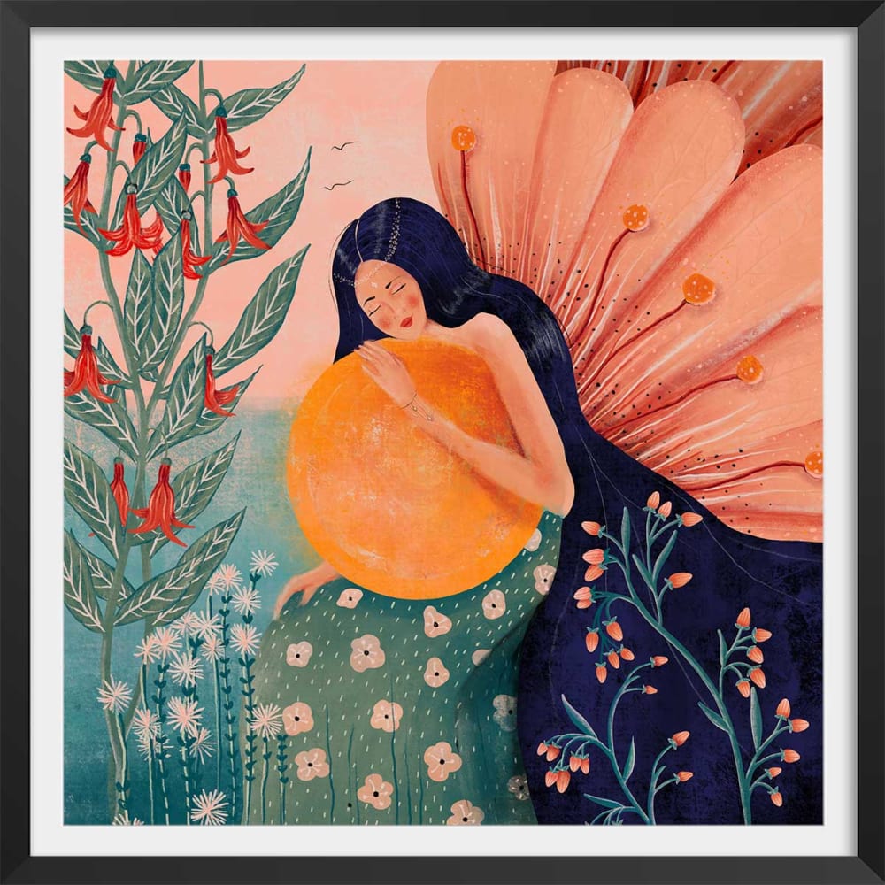 Póster princesa con flores con marco negro50x50cm