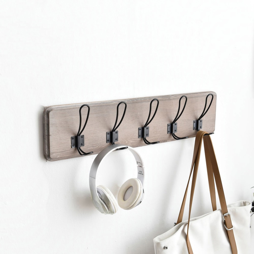 Porte-manteau mural en bois gris, 5 crochets