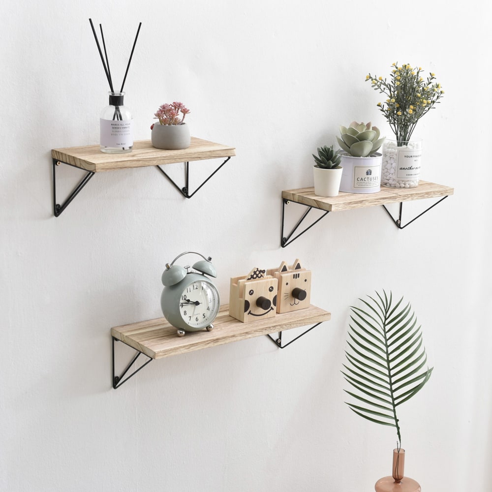 Set de 3 étagères murales métal noir et bois paulownia - Maisons du Monde