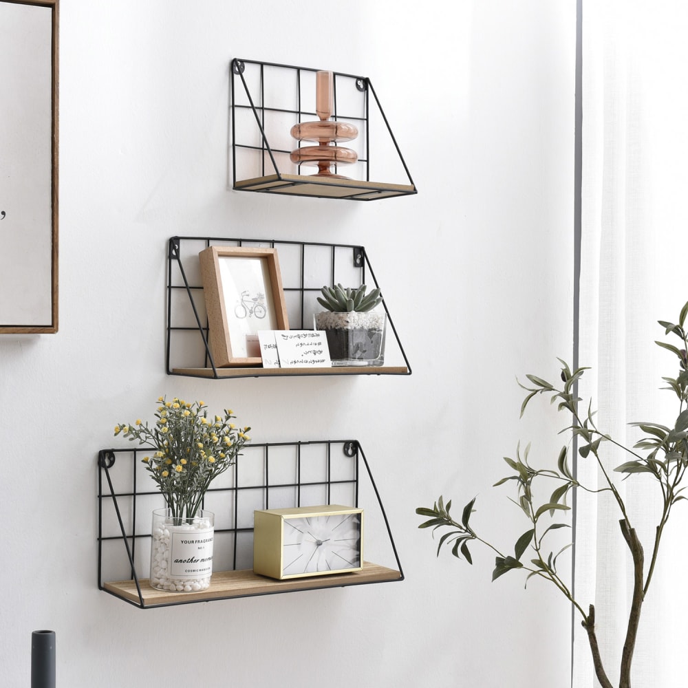 Set de 3 étagères murales métal noir et bois paulownia - Maisons du Monde
