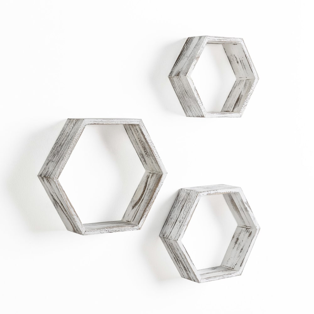HOMN Set de 3 Etagères murales hexagonales blanc, bois de paulownia Blanc Bois - 33x38x10cm