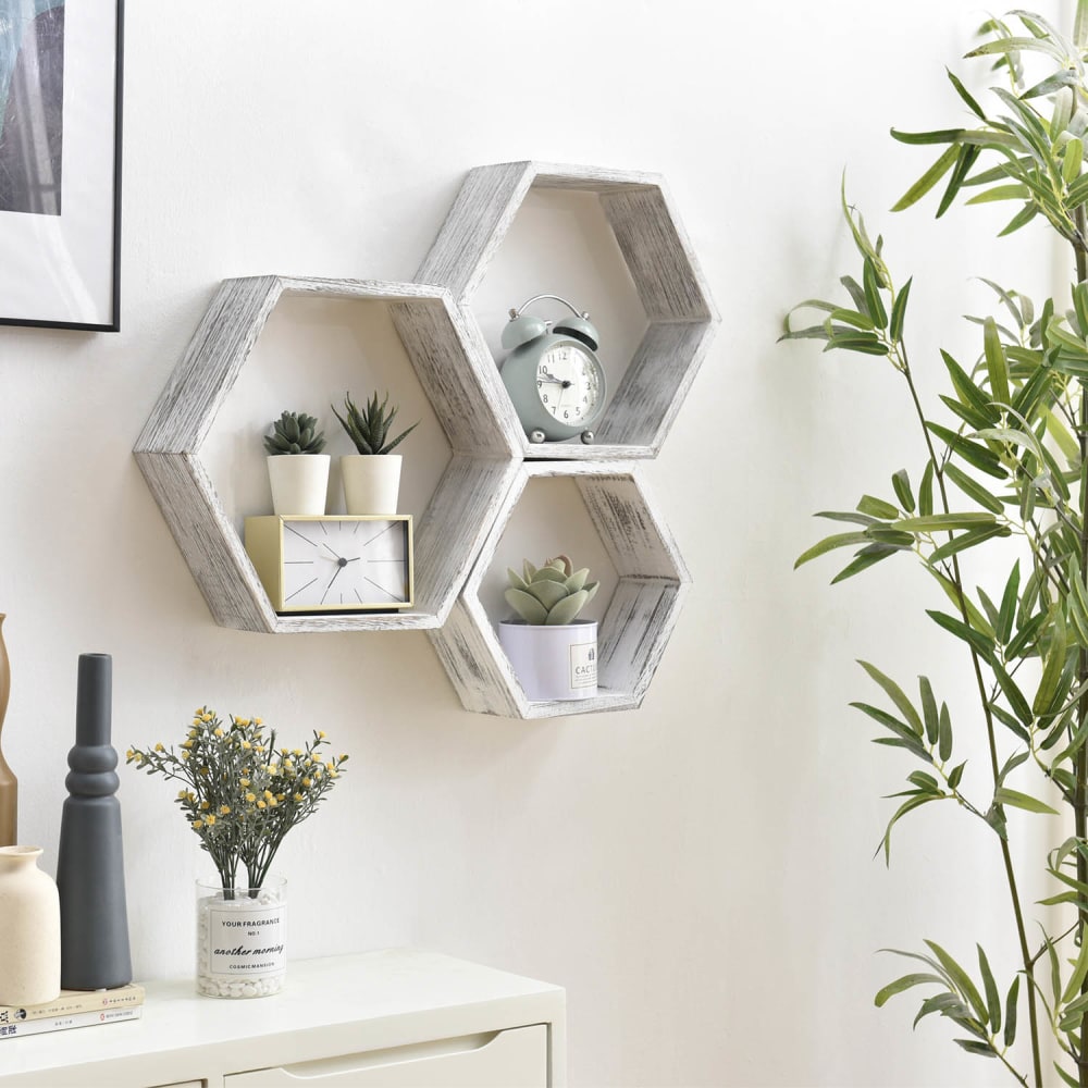 Set de 3 Etagères murales hexagonales blanc, bois de paulownia - Maisons du Monde