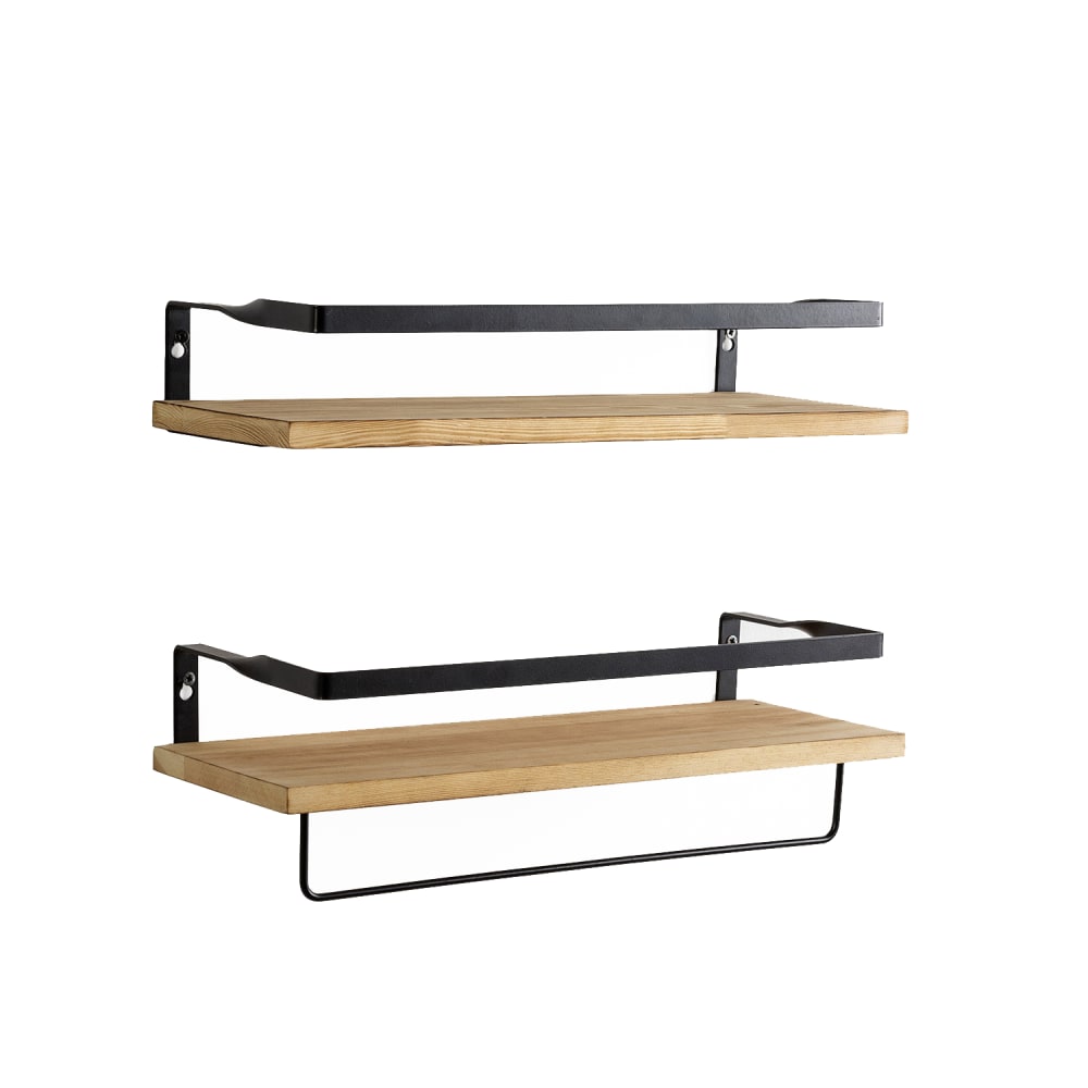 Set de 2 étagères murales avec porte-serviettes, bois de pin