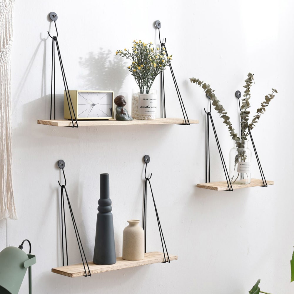Set de 3 étagères murales en métal noir et bois de paulownia - Maisons du Monde