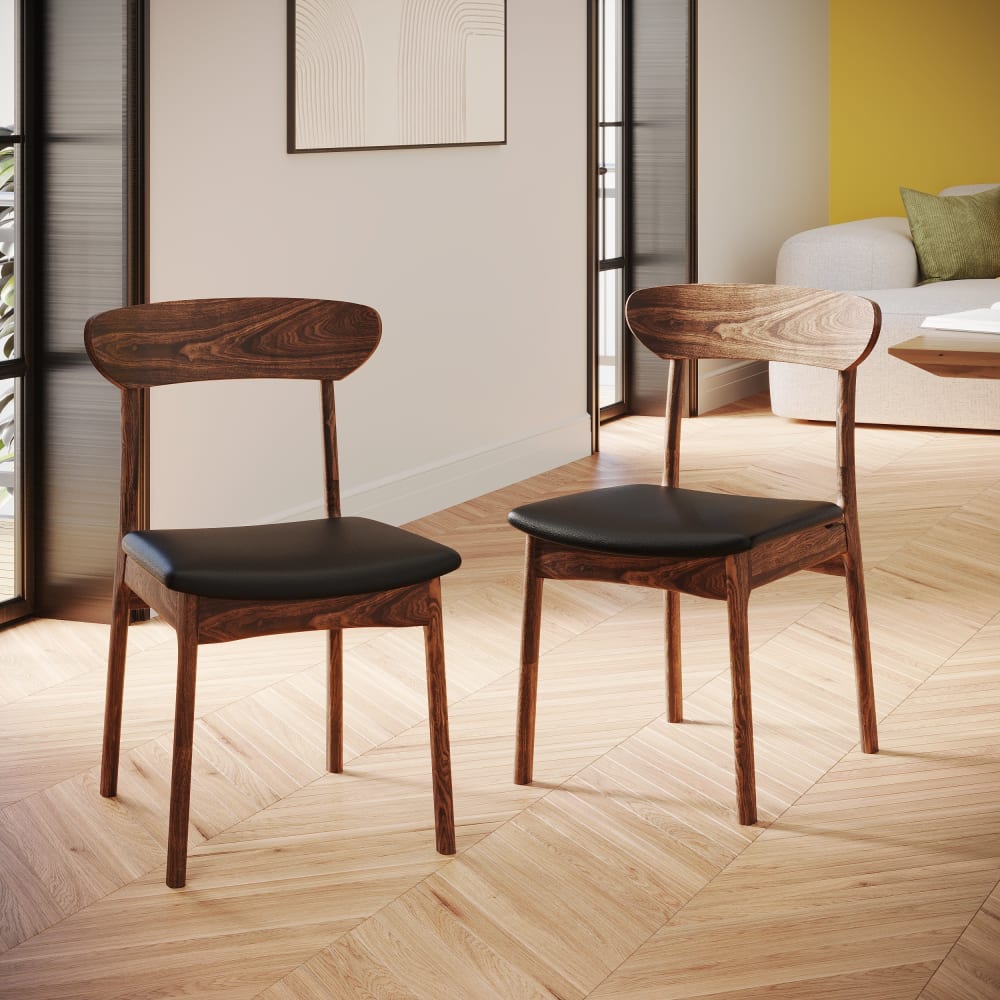 2er Set Stühle aus dunklem Holz und schwarzem Kunstleder -