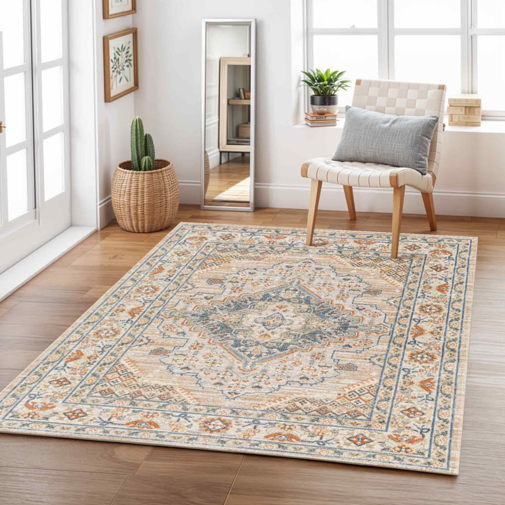 Tapis vintage lavable en machine beige/bleu 160x213 — vue 3