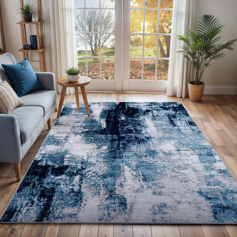 Tappeto astratto moderno blu/grigio 200x275 - Modello Contemporaneo - Blu - Öko-Tex Zertifikat - PES - Poliestere
