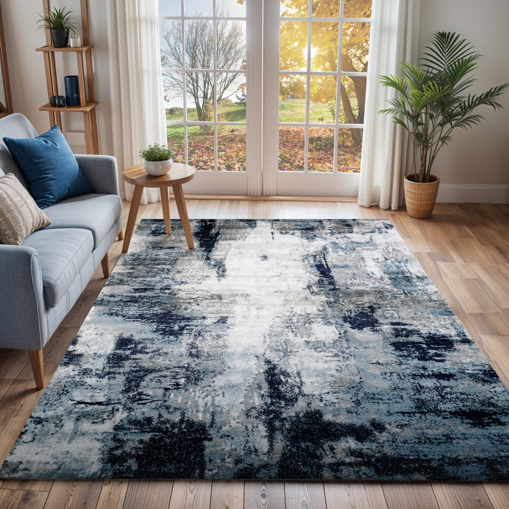 Tapis abstrait moderne bleu/blanc/gris 120x170 — vue 3