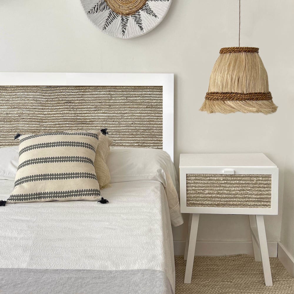 Tischlampe aus weißer Terrakotta und Naturraffia D. 25 x 55 cm -