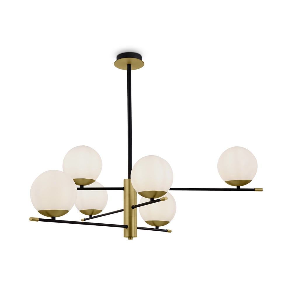 Suspension 6 lumières noir et dorée avec sphères en verre