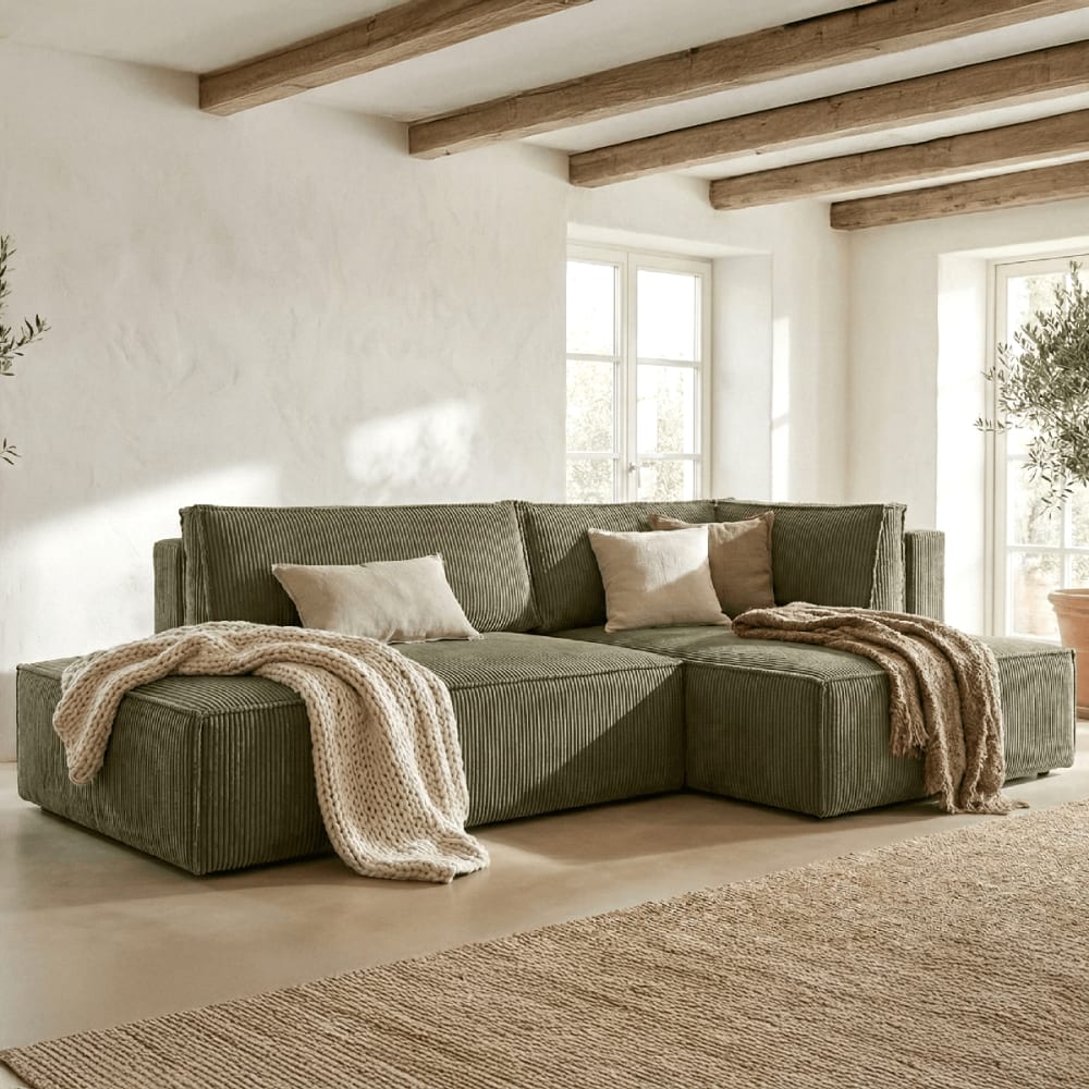 Canapé d'angle à droite convertible 3 places en velours côtelé vert