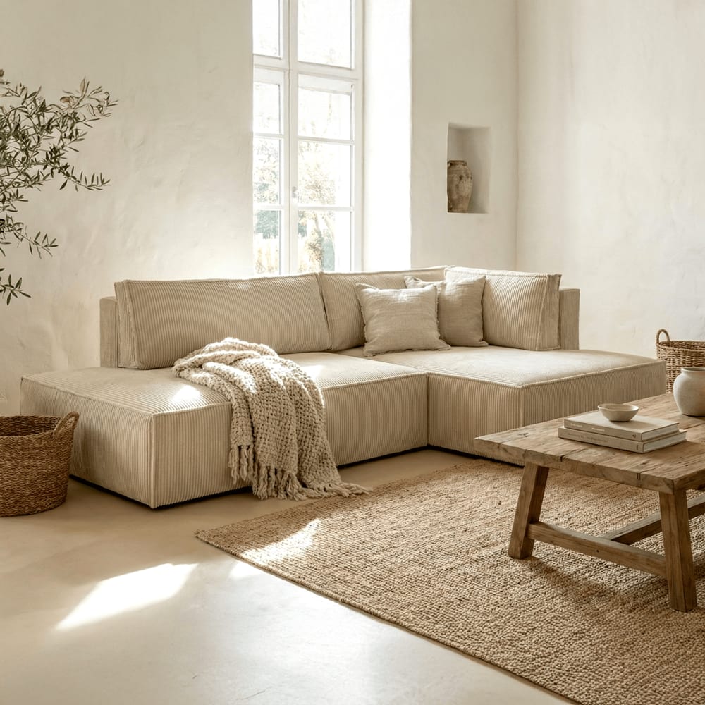 Canapé d'angle à droite convertible 3 places en velours côtelé beige