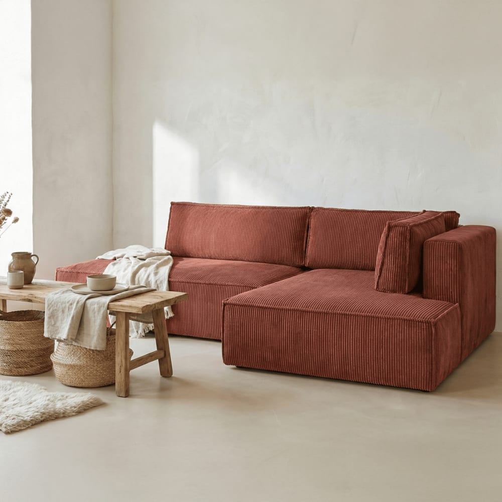 Canapé d'angle à droite convertible 3 places en velours côtelé rouille