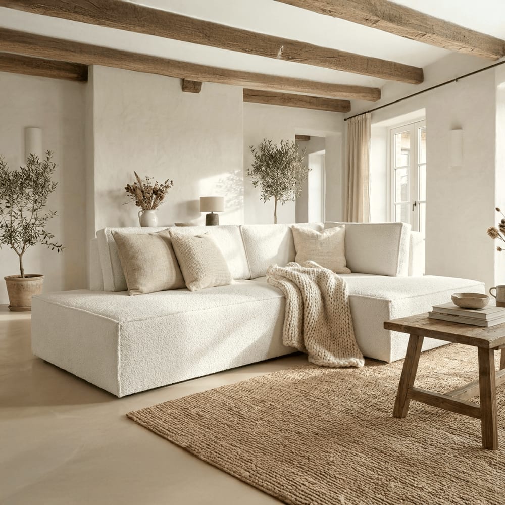 Canapé d'angle à droite convertible 3 places en tissu bouclé écru