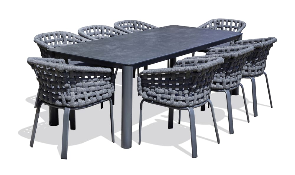 Ensemble repas de jardin 8 pl en alu plateau céramique sur verre