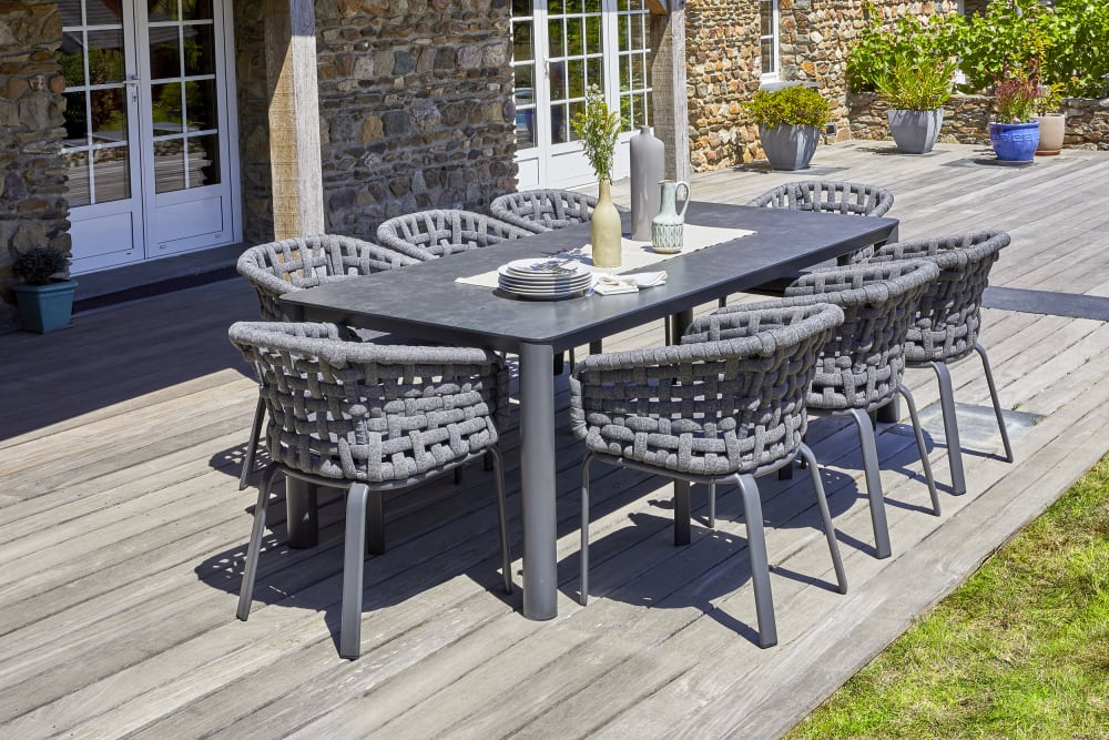 Ensemble repas de jardin 8 pl en alu plateau céramique sur verre