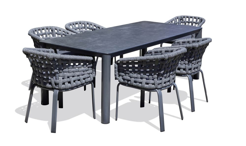 Ensemble repas de jardin 6 pl en alu plateau céramique sur verre