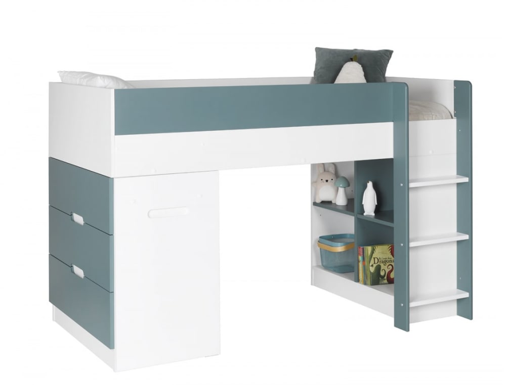 Lit mi-hauteur avec bureau et commode 90x190 Blanc Et Vert