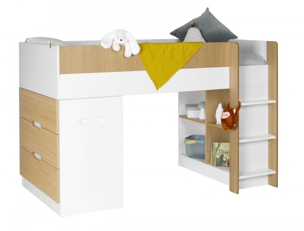 Lit mi-hauteur avec bureau et commode 90x190 Blanc Et Bois