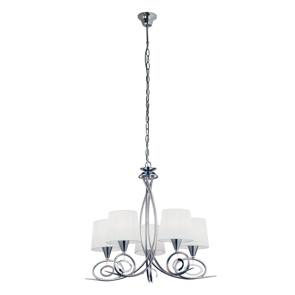 Suspension 5 lumières tissu blanc structure chrome