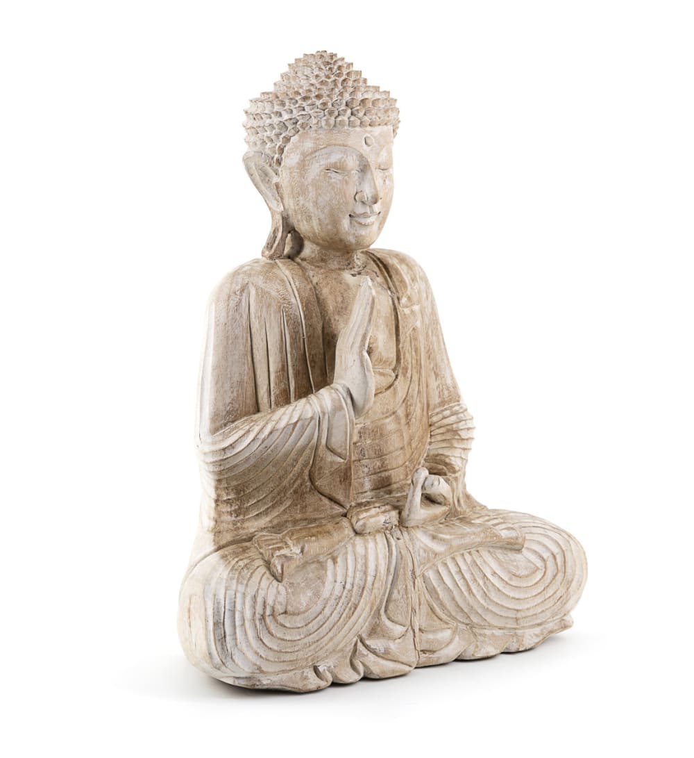 Statue buddha en bois beige blanchie