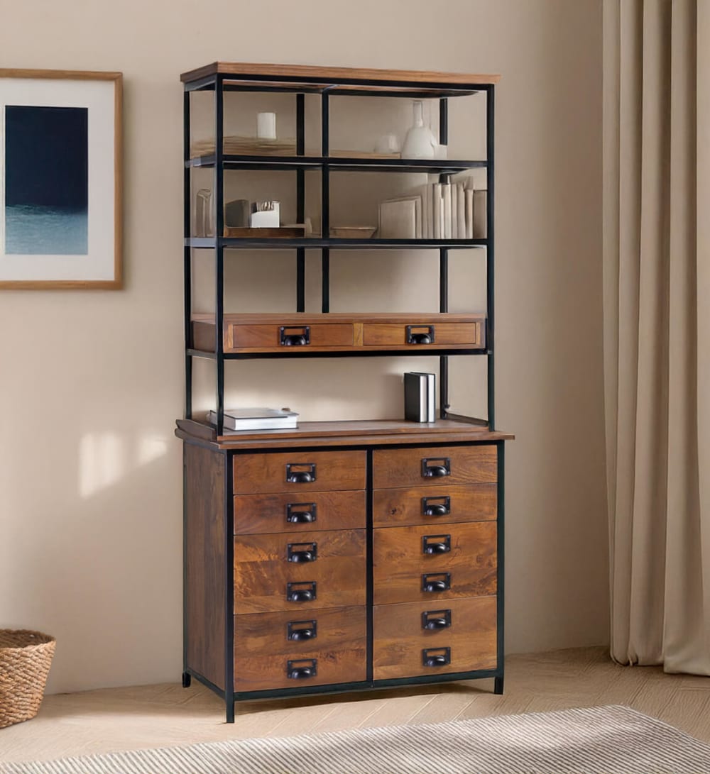 Bücherregal aus Mangoholz und Metall, H 200 cm, zweifarbig -