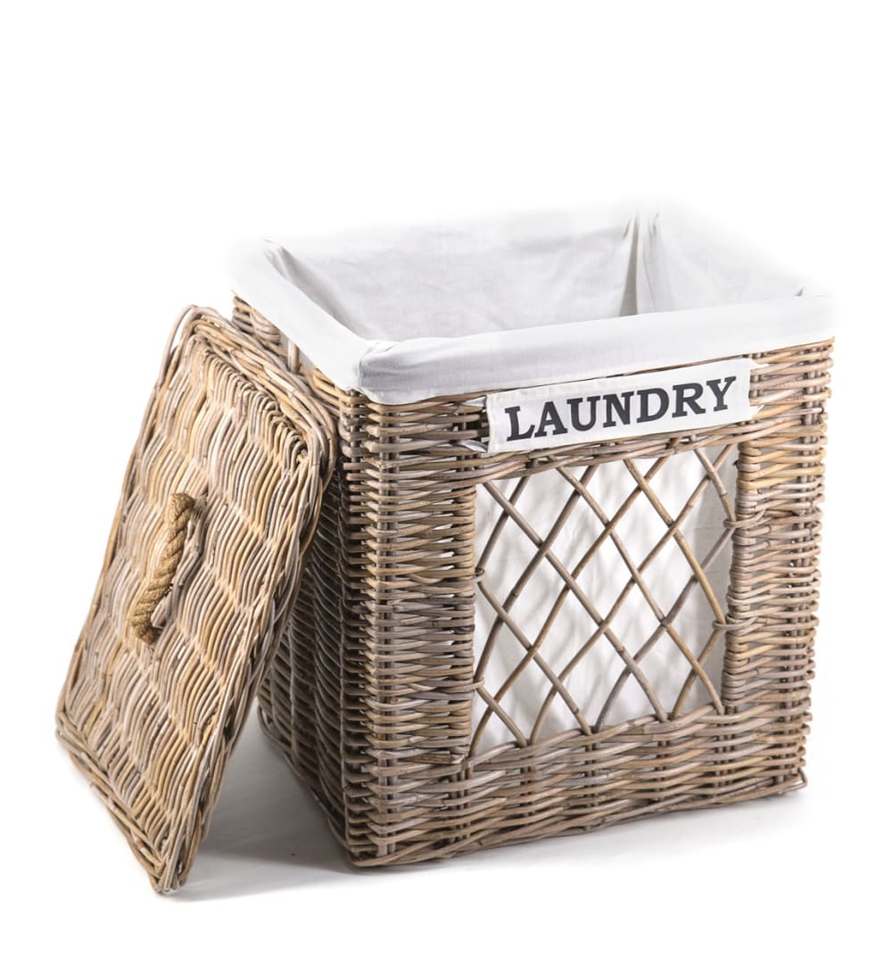 Cesta de ratán beige y tela blanca - Maisons du Monde