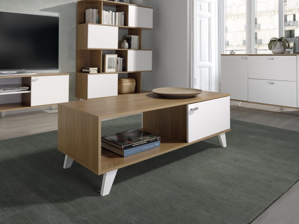 Mesa de centro con acabado en roble y puerta en blanco. 100×50×42 cm - Maisons du Monde