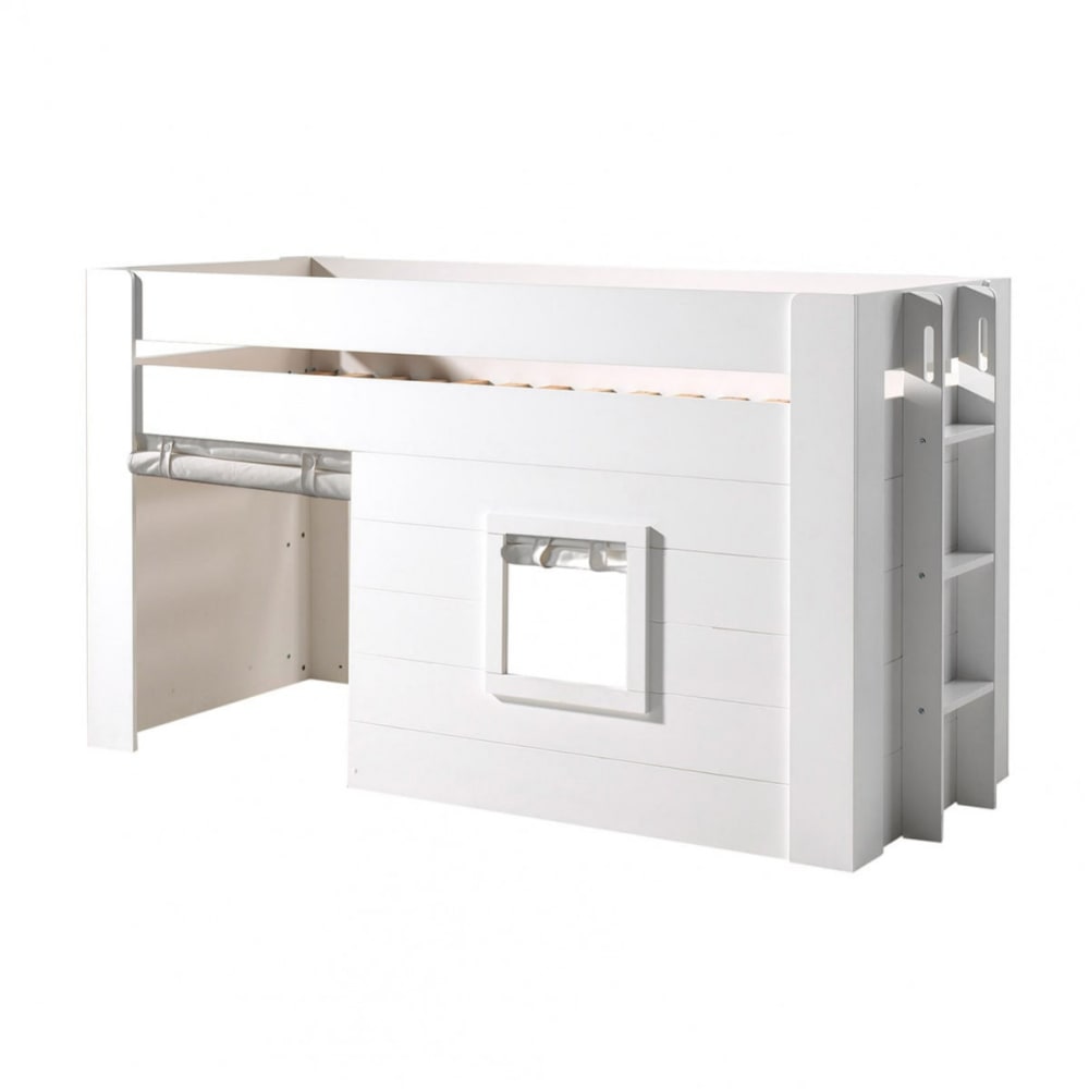 Lit surélevé cabane 90x200cm blanc avec rideaux - Maisons du Monde