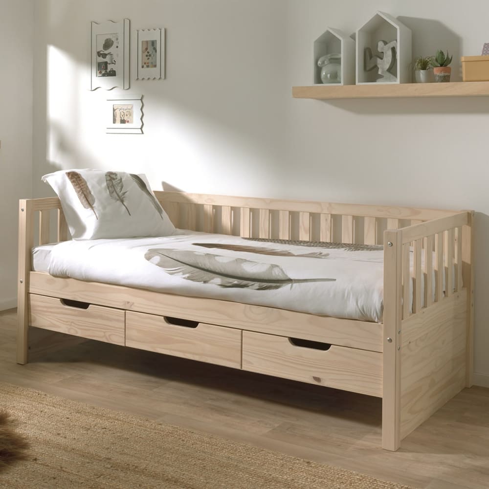 Lit banquette 90x200cm à tiroirs en pin naturel - Maisons du Monde