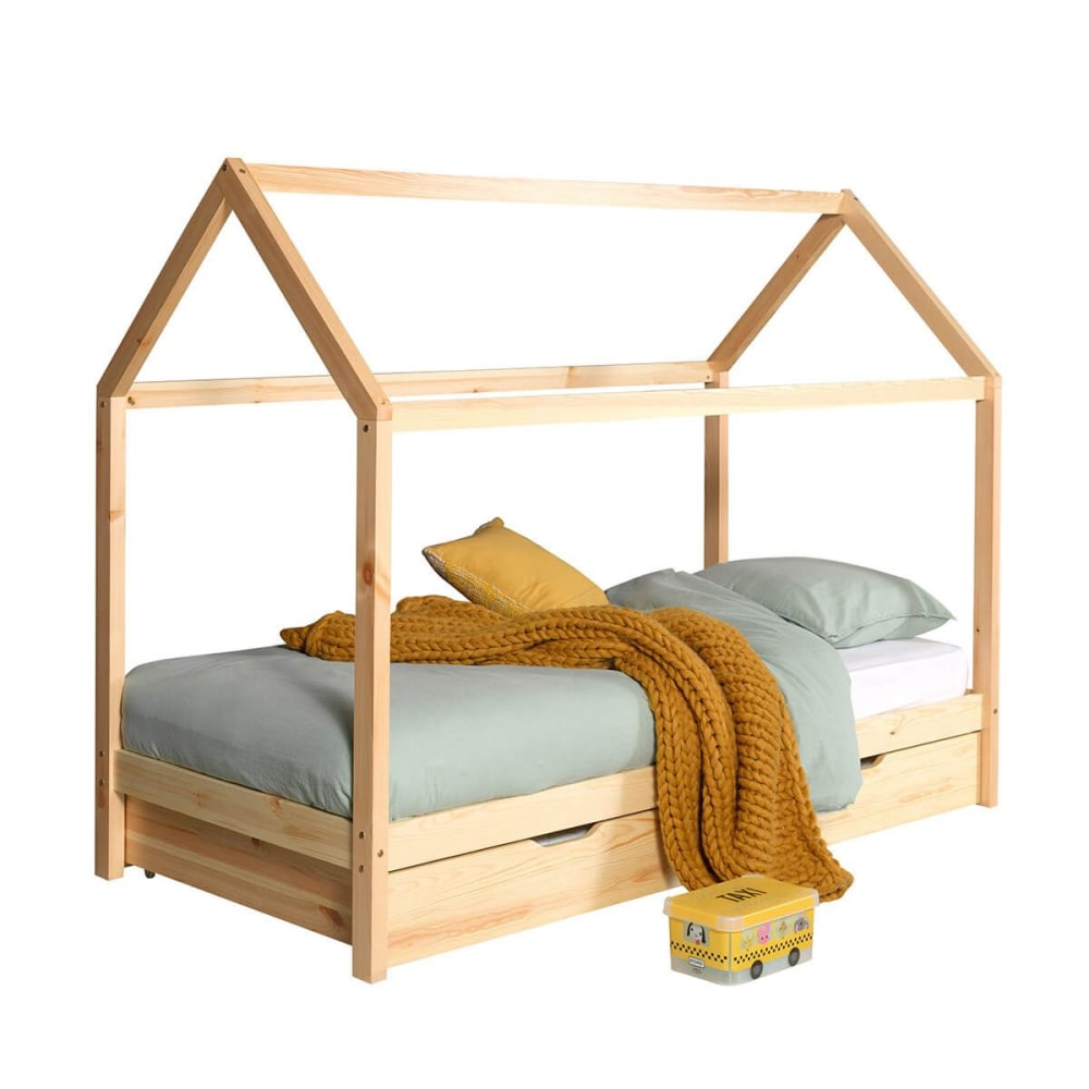 Lit cabane 90x200cm en pin massif naturel + tiroir