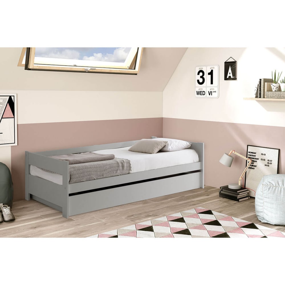 Lit 90x190cm + tiroir gris clair laqué et naturel - Maisons du Monde