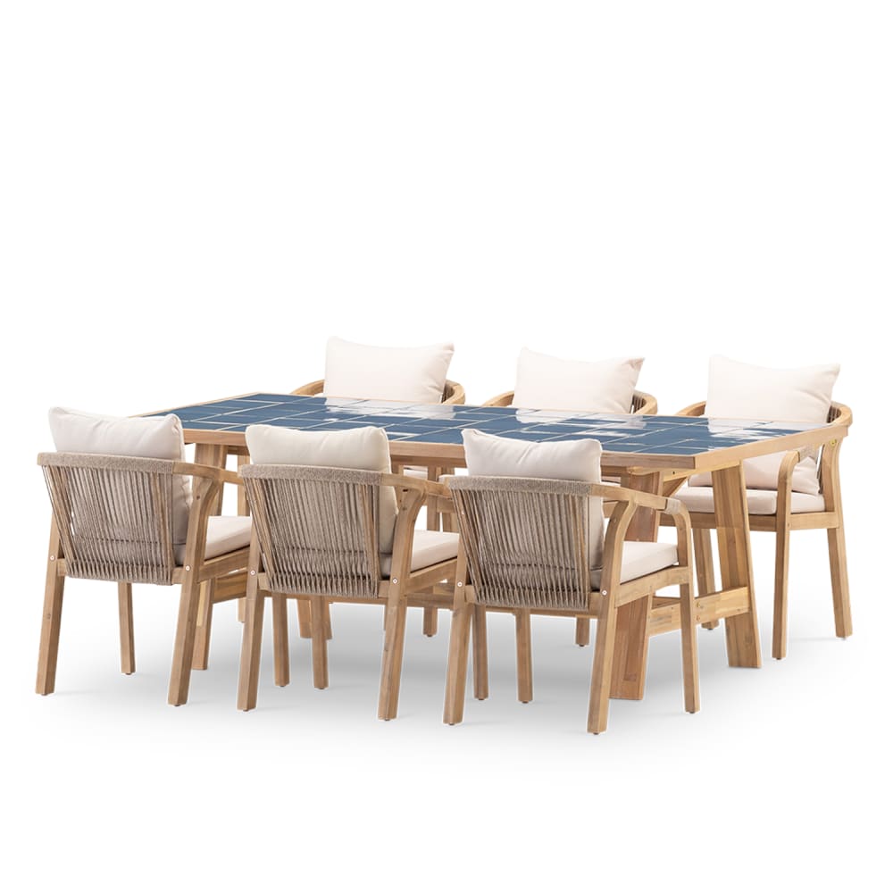 Ensemble de table en bois bleu et céramique et 6 chaises