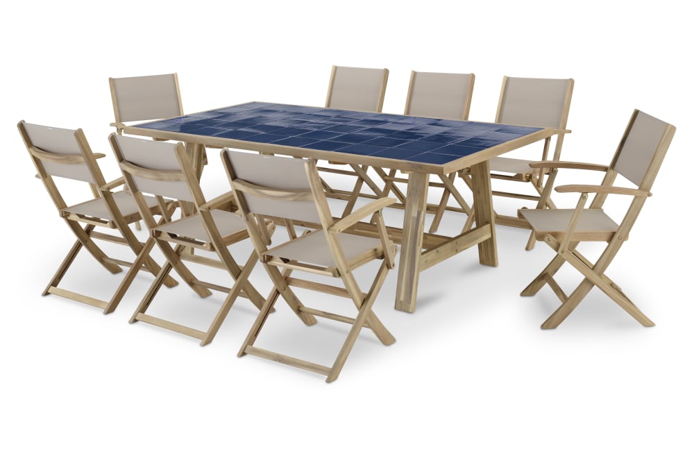 Conjunto mesa cerámica azul 205x105 y 8 sillas