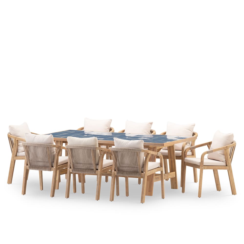 Ensemble de table en bois bleu et céramique et 8 chaises