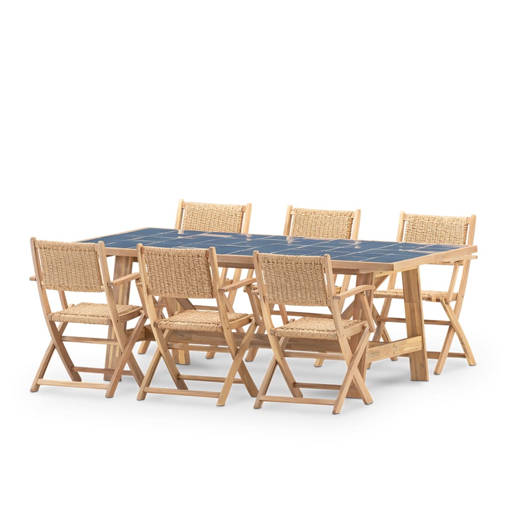 Conjunto mesa cerámica azul 205x105 y 6 sillas