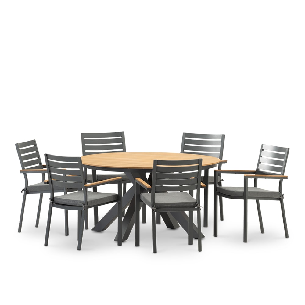 Ensemble table ronde anthracite et 6 chaises avec coussin