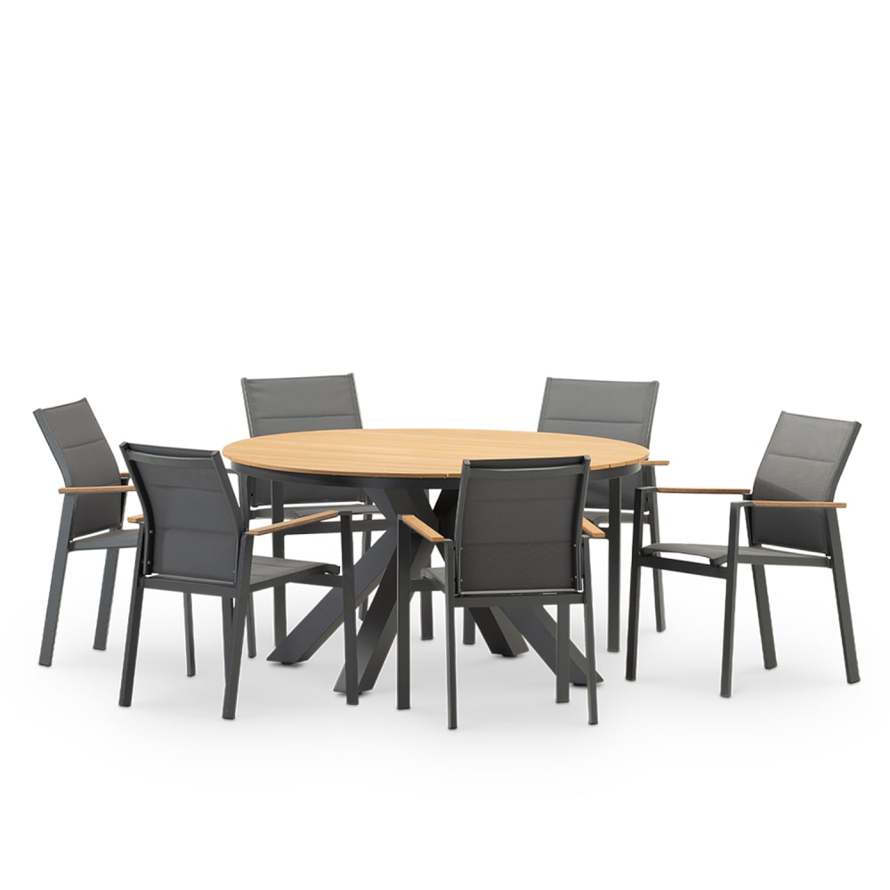 Ensemble table ronde anthracite et 6 chaises textiles